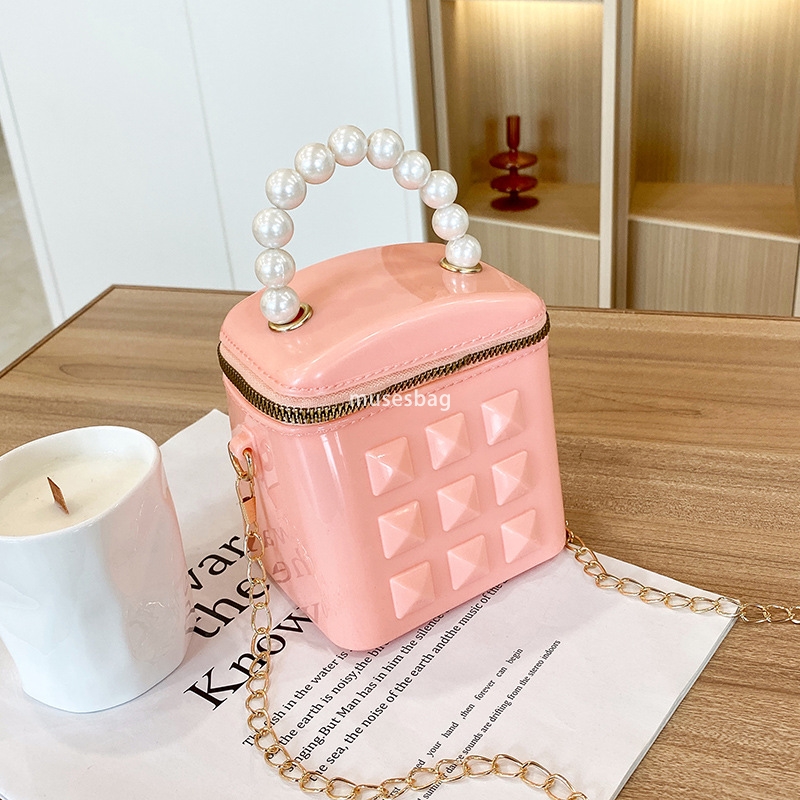 DingTalk Jelly Bag New Pearl Women's Handbag Fashion Chain Bucket Bag Single Shoulder Crossbody Bag Cute Mini Bag
