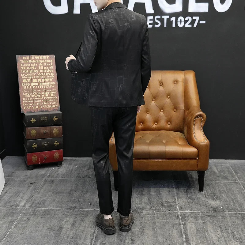 Mens Suit Jacket Autumn Slim Fit One Button Blazer Fashion Formal England Male Plaid Dress Coat Trousers Pants 2 Pieces Set 240518