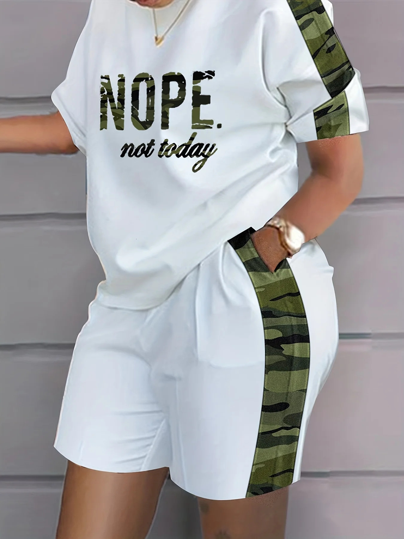 Plus Size Outfits Two Piece Set Womens Plus Letter Print Contrast Panel Short Sleeve Tee Shorts Outfits 2 Piece Set 240529