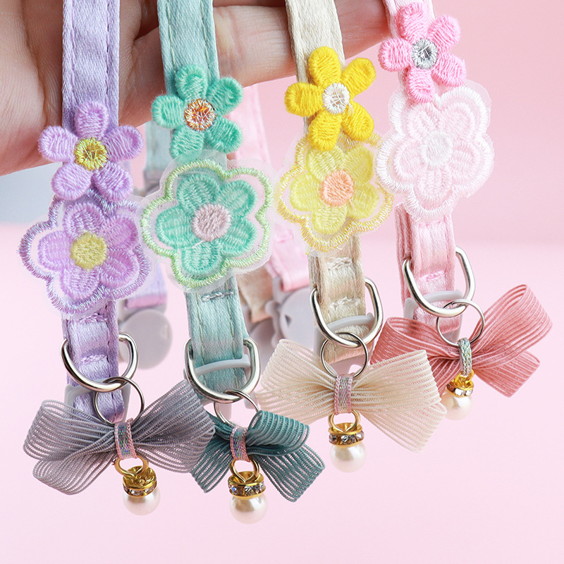 Cute Cat Collar Lace Embroidered Bow Solid Color Flower Decoration Personalized Adjustable Puppy Pearl Necklace Pet Accessories