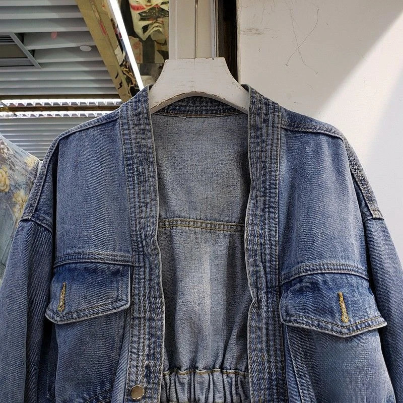Denim Jacket for Women Plain Cinched Waist Slim Woman Jean Coat Blue Outerwear Spring Autumn Fashion Low Price Y2k Clothes 240528