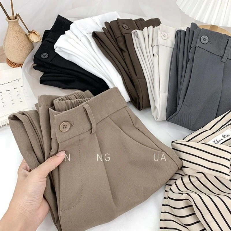 Fashion Elastic High Waist Pants Women Spring Casual Loose Solid Straight Trouser Office Ladies Work Nine Points Suit Pant 240513