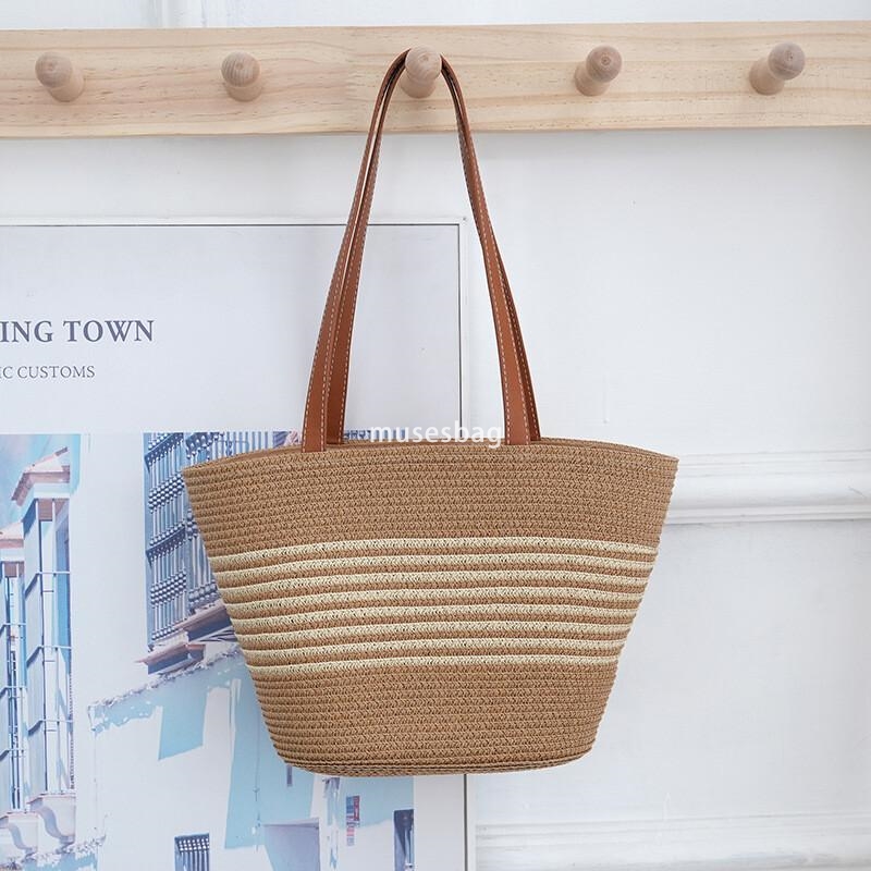 New belt single shoulder woven bag with contrasting stripes simple and fashionable tote bag commuting bag
