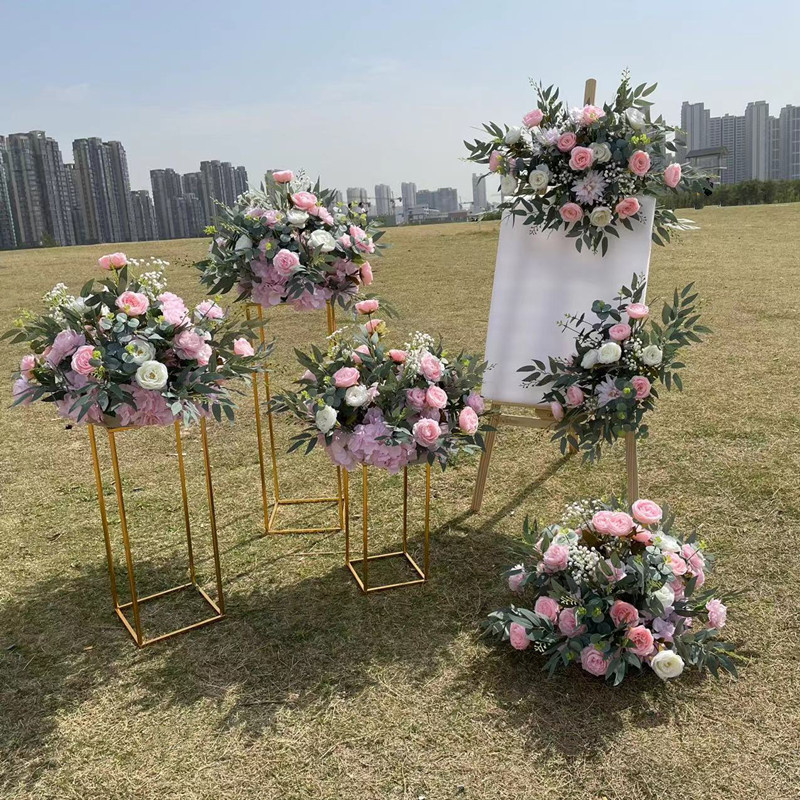 White Rose Green Willow Leaves Artificial Flower Ball Road Lead Floor Floral Wedding Welcome Sign Decor Hang Flowers Party Props