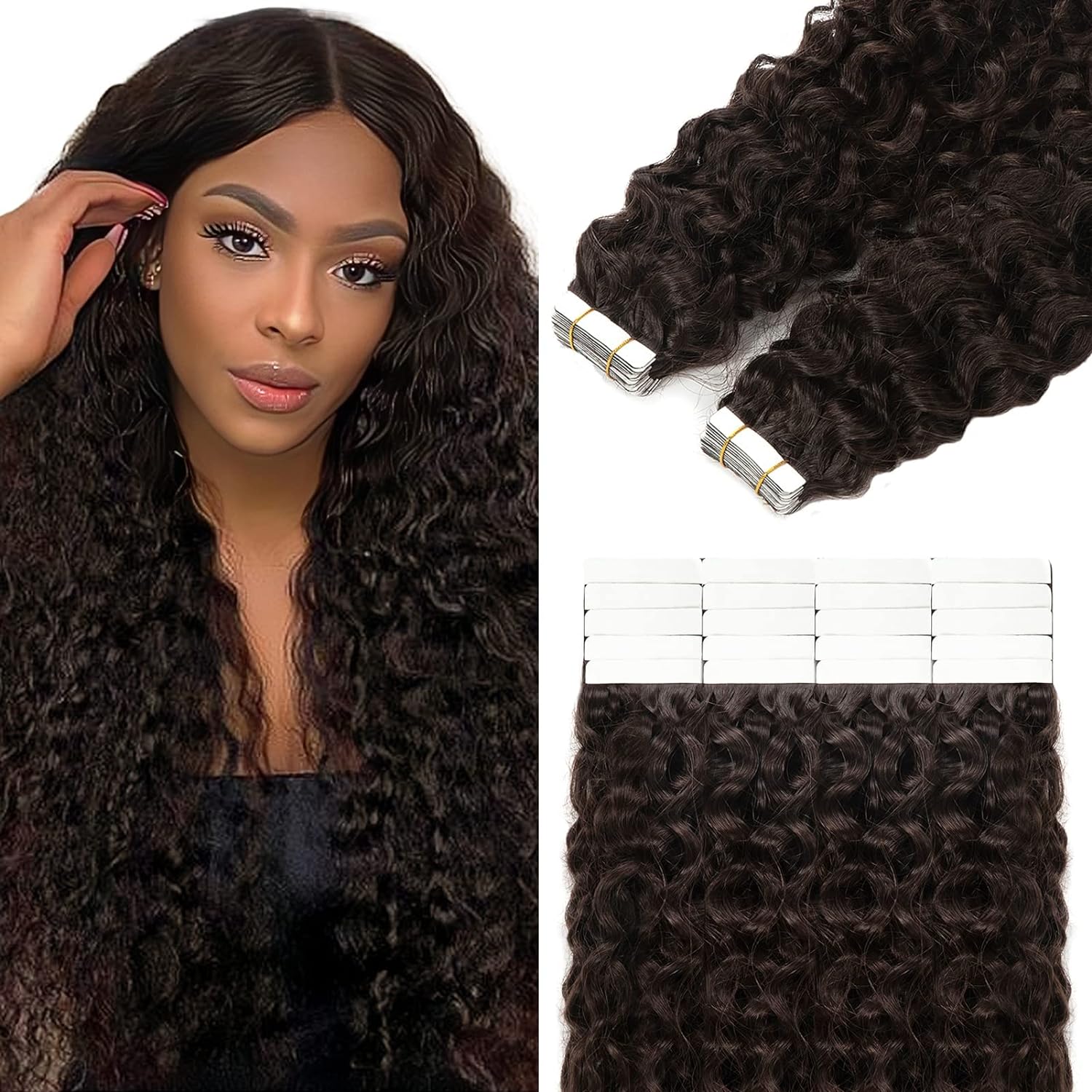 Tape In Deep Curly Brazilian Adhesive Extensions Skin Weft Black Brown 100% Real Human Hair For Women 20Pcs/Lot
