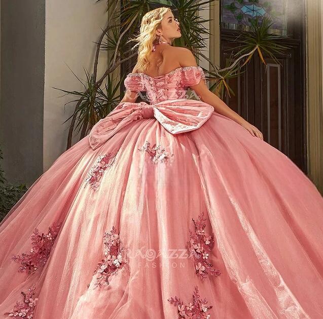 Pink Mexican Quinceanera Dresses Ball Gown Off The Shoulder Tulle Floral Beaded Puffy Charro Sweet 16 Dresses 15 Anos