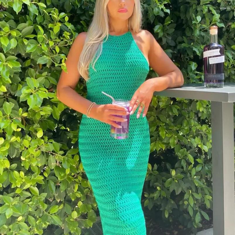 Casual Dresses Hirigin Women Summer Knit Dress Solid Color Sleeveless Halter Neck Slim Fit Ankle-Length For Party Beachwear
