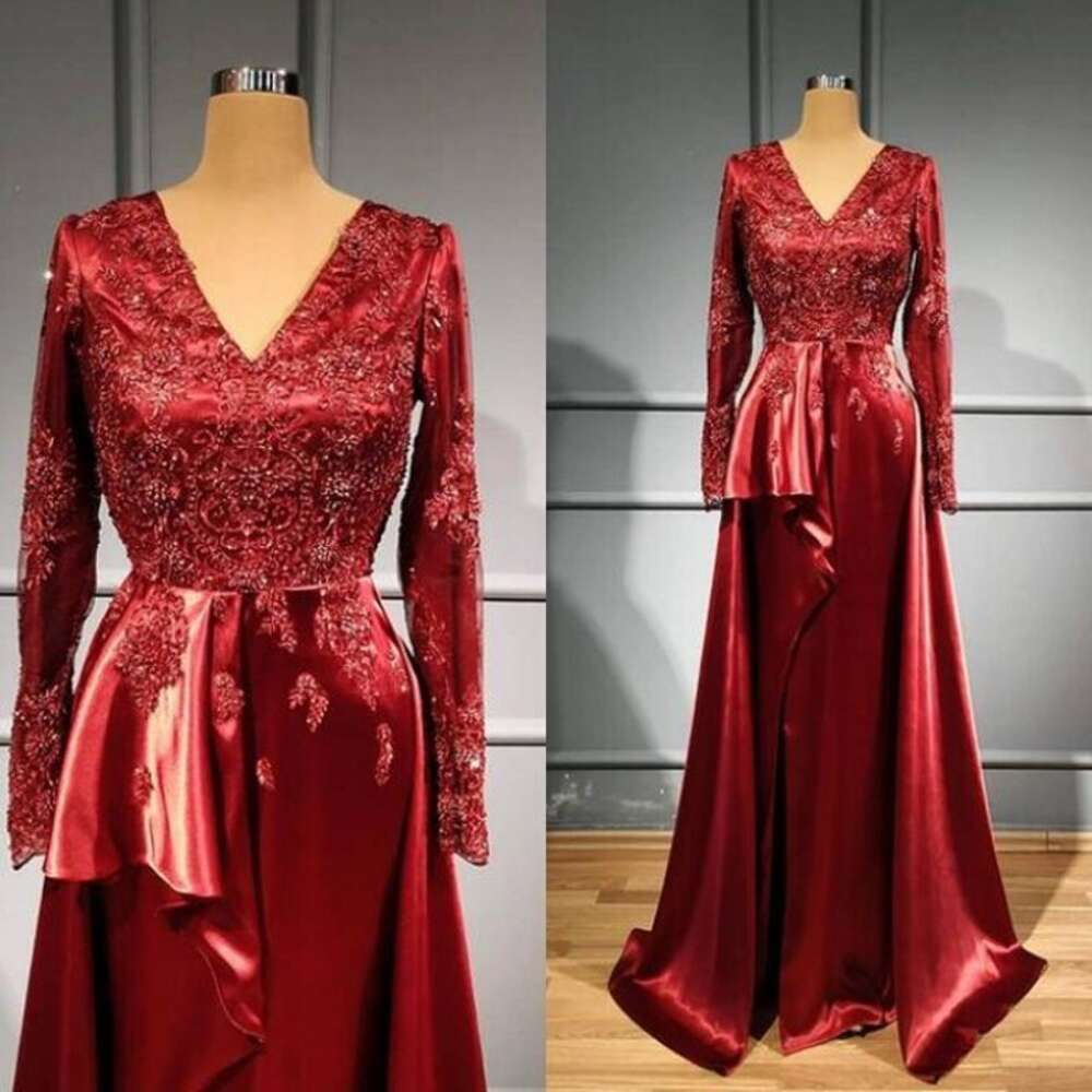 Red V Neck Lace Appliques Evening Gowns Saudi Arabia Long Sleeves Peplum Prom Dresses Zipper Back Robe De Soiree Formal Wear 0530