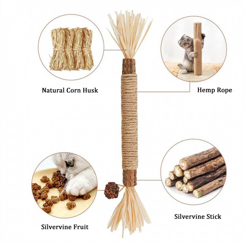 Pet Cat Molar Stick Toy Wooden Polygonum Stick Lafite Grass Hemp Rope Cat Teasing Stick Kitten Clean Teeth Chew Toy Pet Supplies