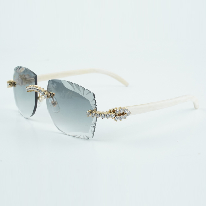 fashionable new 5.0 mm diamond sunglasses 3524014-A natural white buffalo horn legs large carved lens size 58-18-140 mm