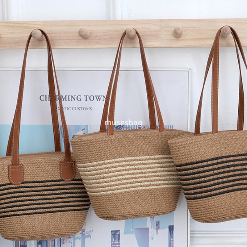 New belt single shoulder woven bag with contrasting stripes simple and fashionable tote bag commuting bag