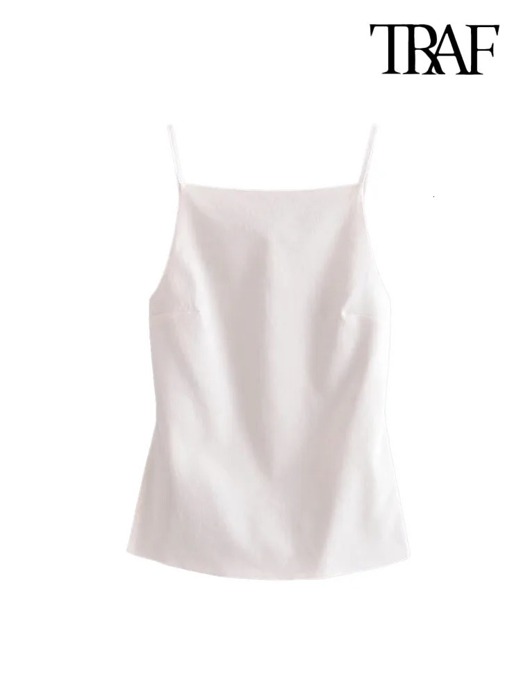 TRAF Women Fashion Backless With Thin Straps Linen Tank Tops Sexy Straight Neck Sleeveless Female Camis Mujer 240514