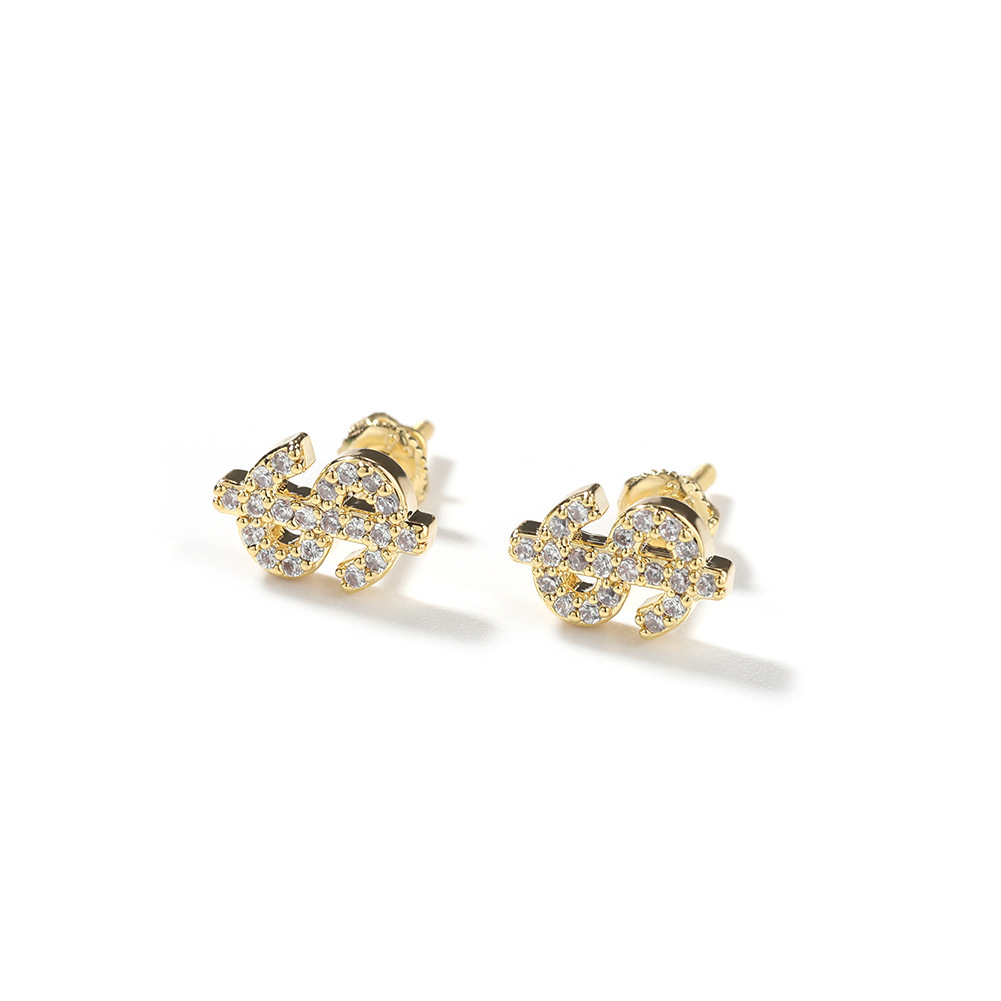 Hip Hop Dollar Symbol Screwback Stud Earring 5A Zircon 18K Gold Plated Jewelry