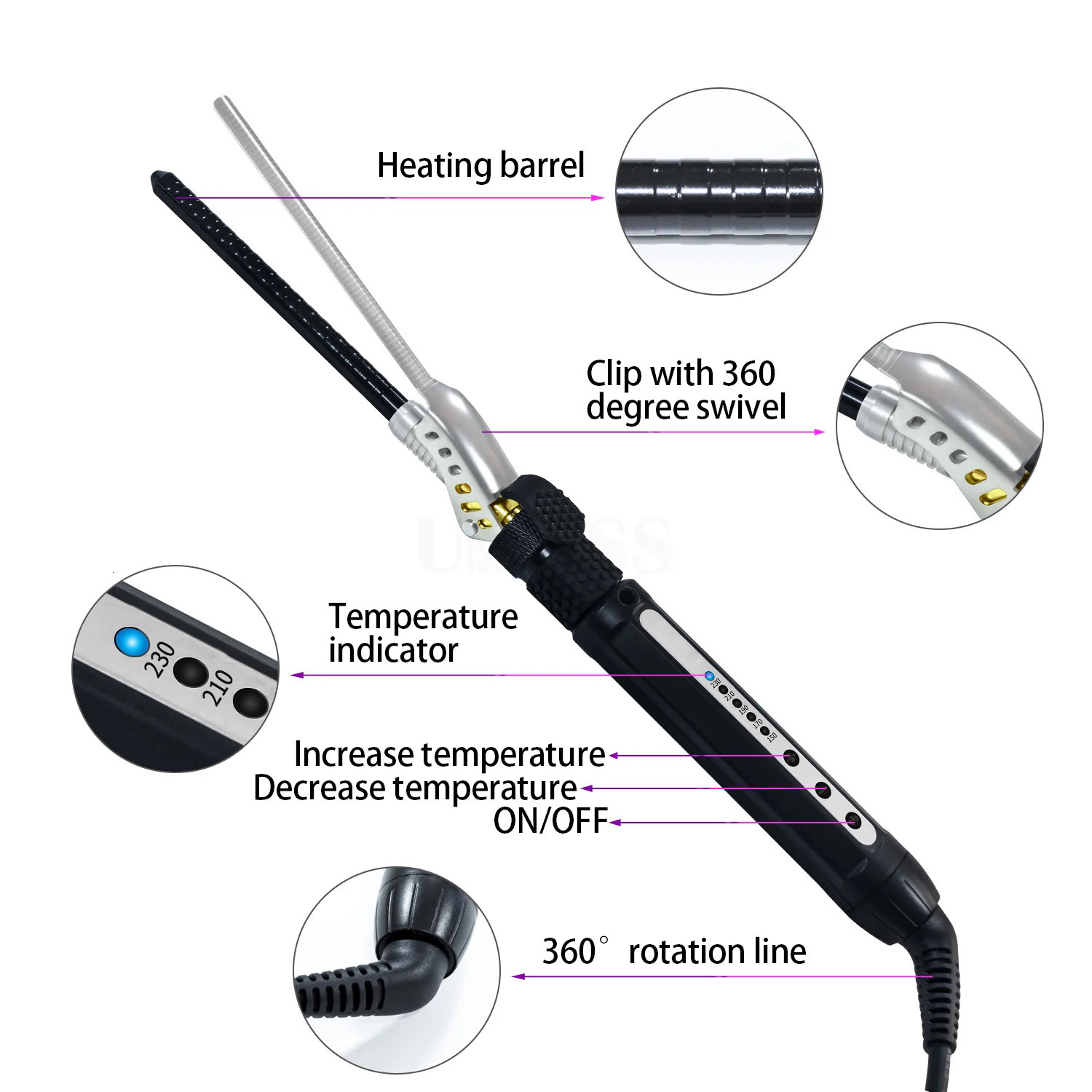 Mens Hair Curler Ceramic 7mm Hair Curling Wand Small Hair Deep Curly Hair Curlers Rollers Curling Iron Rotating 360 Degree 240530