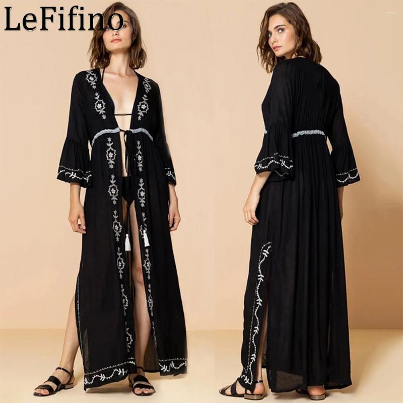 Summer Artificial Cotton Solid Color Embroidered Cardigan Drawstring Robe Vacation Sunscreen Coats Bikini Cover Up Outwear Women