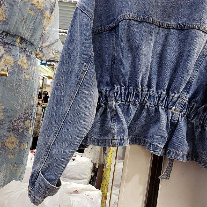 Denim Jacket for Women Plain Cinched Waist Slim Woman Jean Coat Blue Outerwear Spring Autumn Fashion Low Price Y2k Clothes 240528