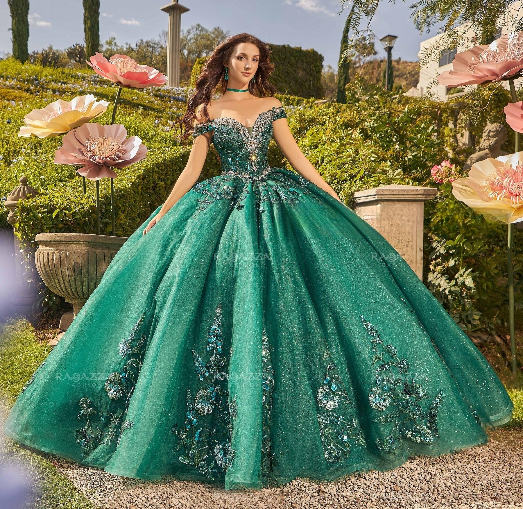 Green Mexican Quinceanera Dresses Ball Gown Off The Shoulder Sparkly Crystals Puffy Charro Sweet 16 Dresses 15 Anos