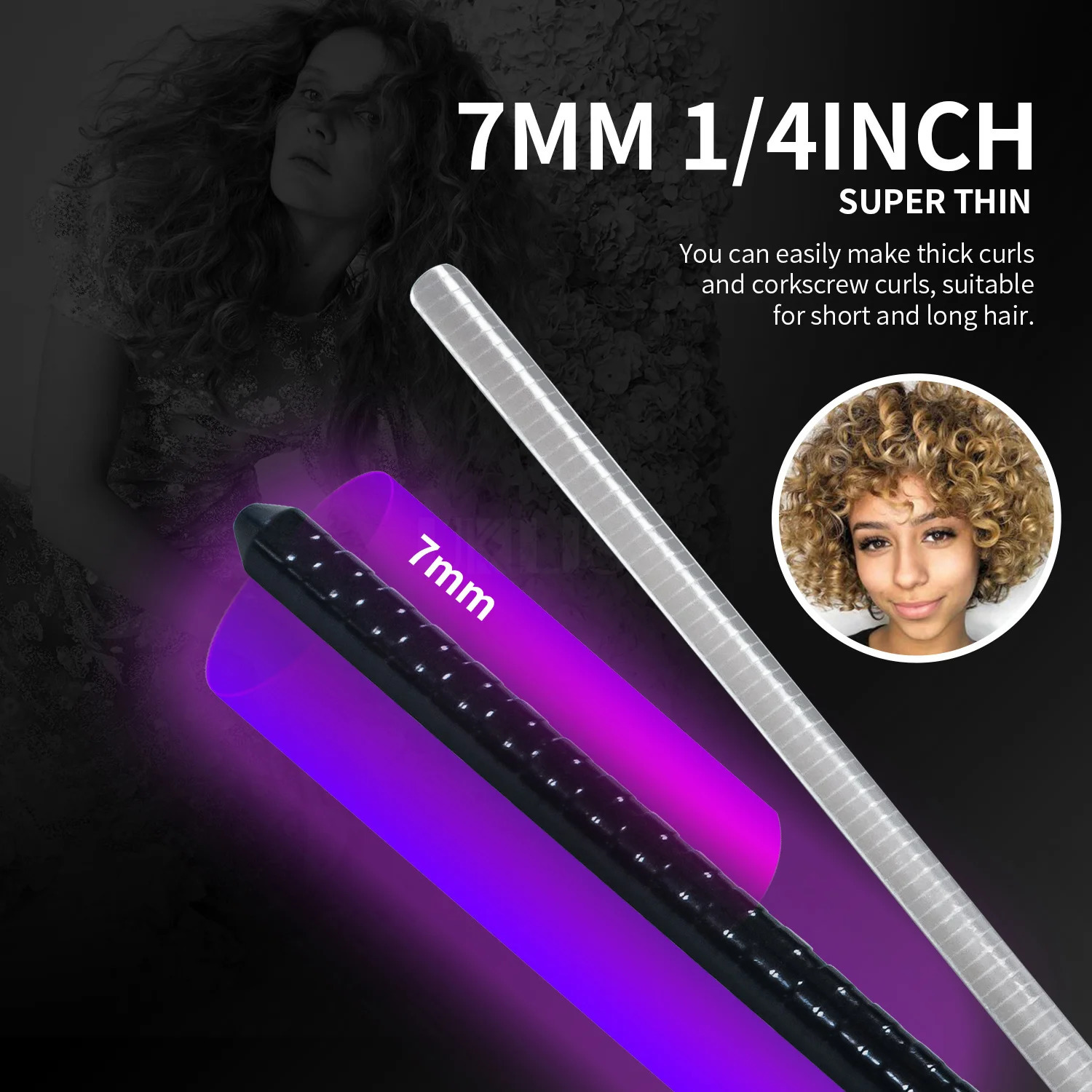 Mens Hair Curler Ceramic 7mm Hair Curling Wand Small Hair Deep Curly Hair Curlers Rollers Curling Iron Rotating 360 Degree 240530