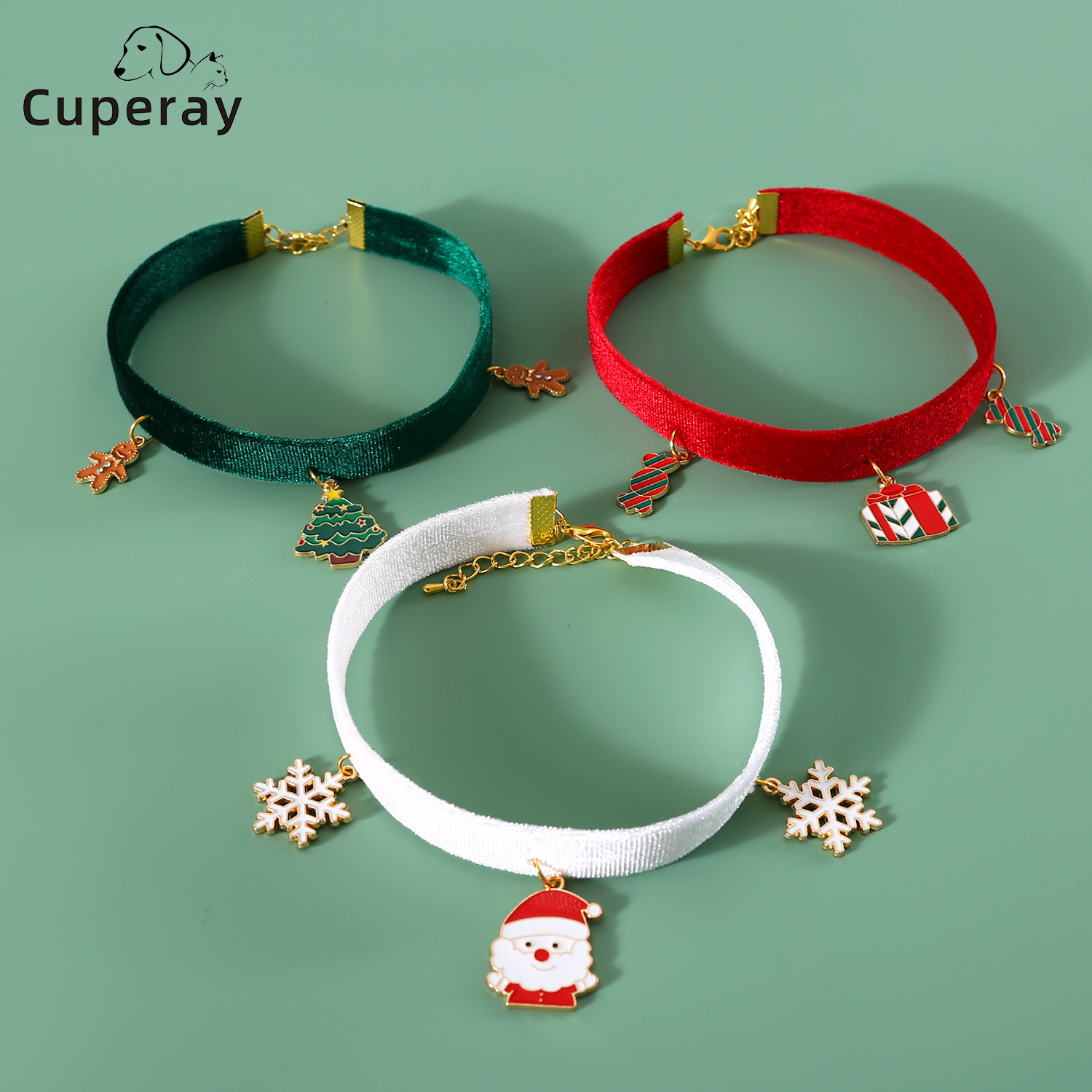 Pet Christmas Velvet Collar Necklace Adjustable Cat Dog Collar Necklace with Alloy Snowflake Candy Christmas Tree Metal Pendant