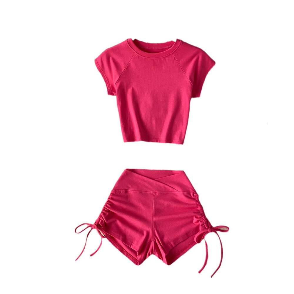 Retro American Womens Casual Sports Yoga Suit Sexy Short Fitting T-shirt With Drawstring High Waistband Buttocks Shorts Two-piece Set