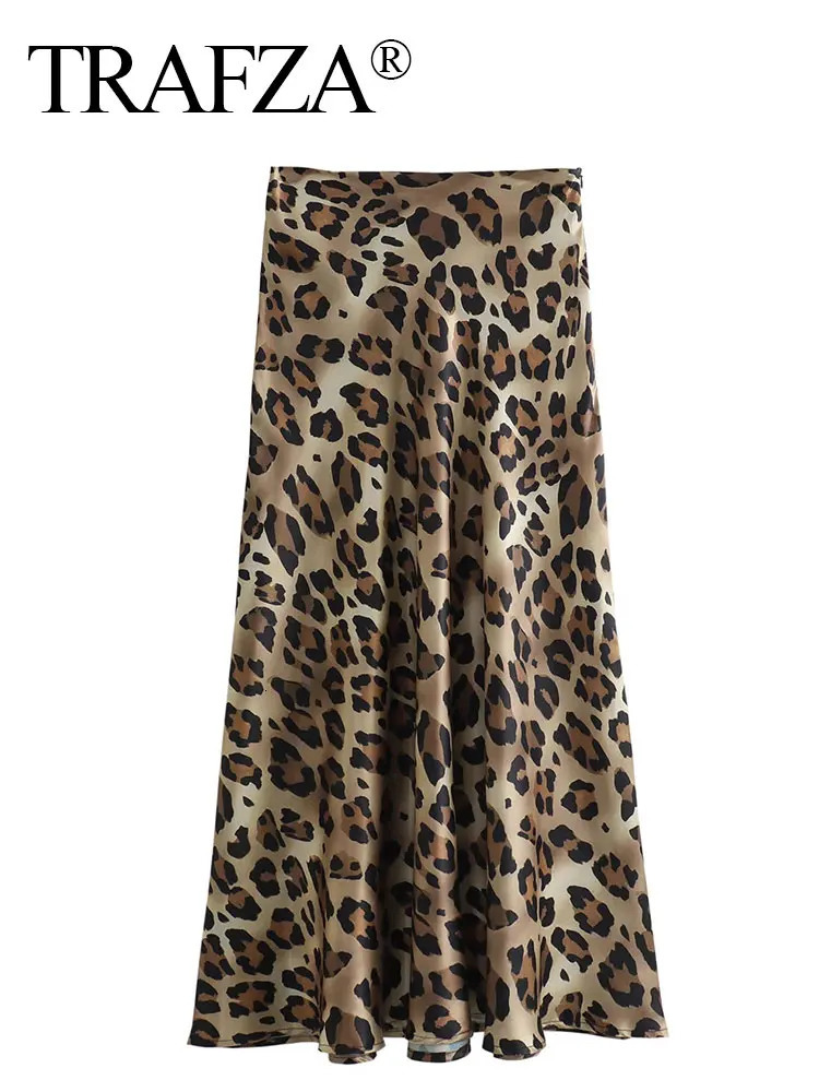 TRAFZA 2024 Women Fashion Leopard Print Skirt Vintage High Waist Midi Skirts Elegant Summer Casual Streetwear 240529