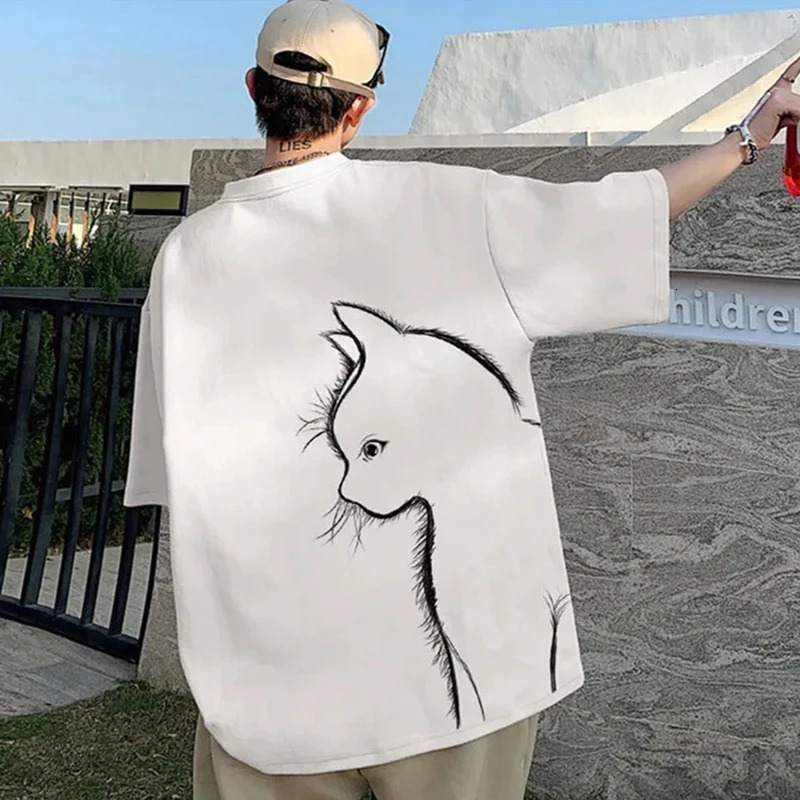 Summer TShirt Men Oversized Cartoon Cat Print Tees High Street Unisex Top T Shirts Loose Cotton Daily Clothing 8XL 240523