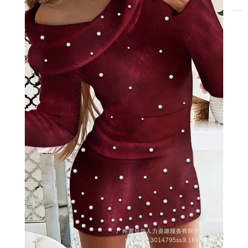 Casual Dresses Velvet Beaded Funnel Neck Dress Elegant Women Long Sleeve High Waist Corset Bodycon Party Evening Night Club Wear