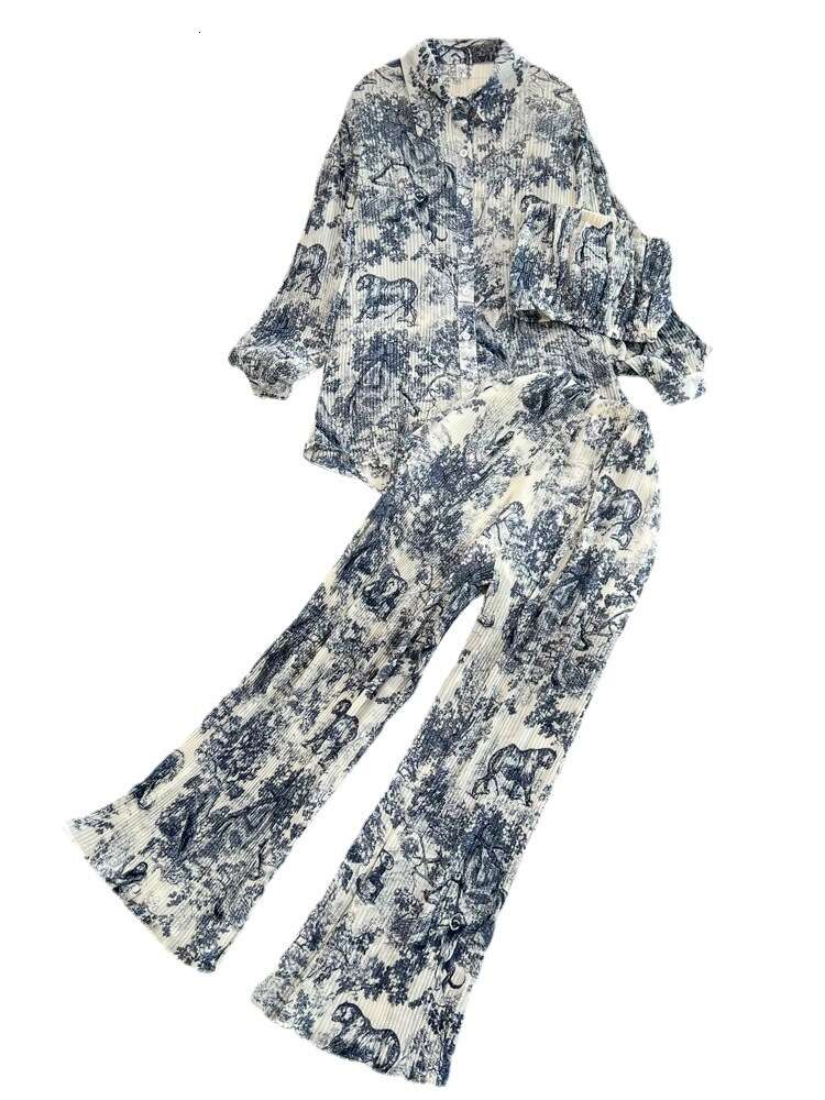Fashion Set Womens Three House Pleated Loose Ink Painting Printed Shirt Strapless Vest Three Piece High Waisted Wide Leg Casual Pants