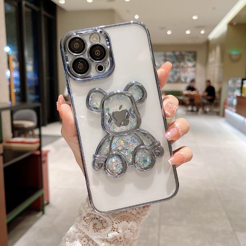 Transparent Plating Glitter Phone Cover Case Bling Sequins Quicksand Cute Bear Case For iPhone 16 15 14 13 12 11 Pro Max