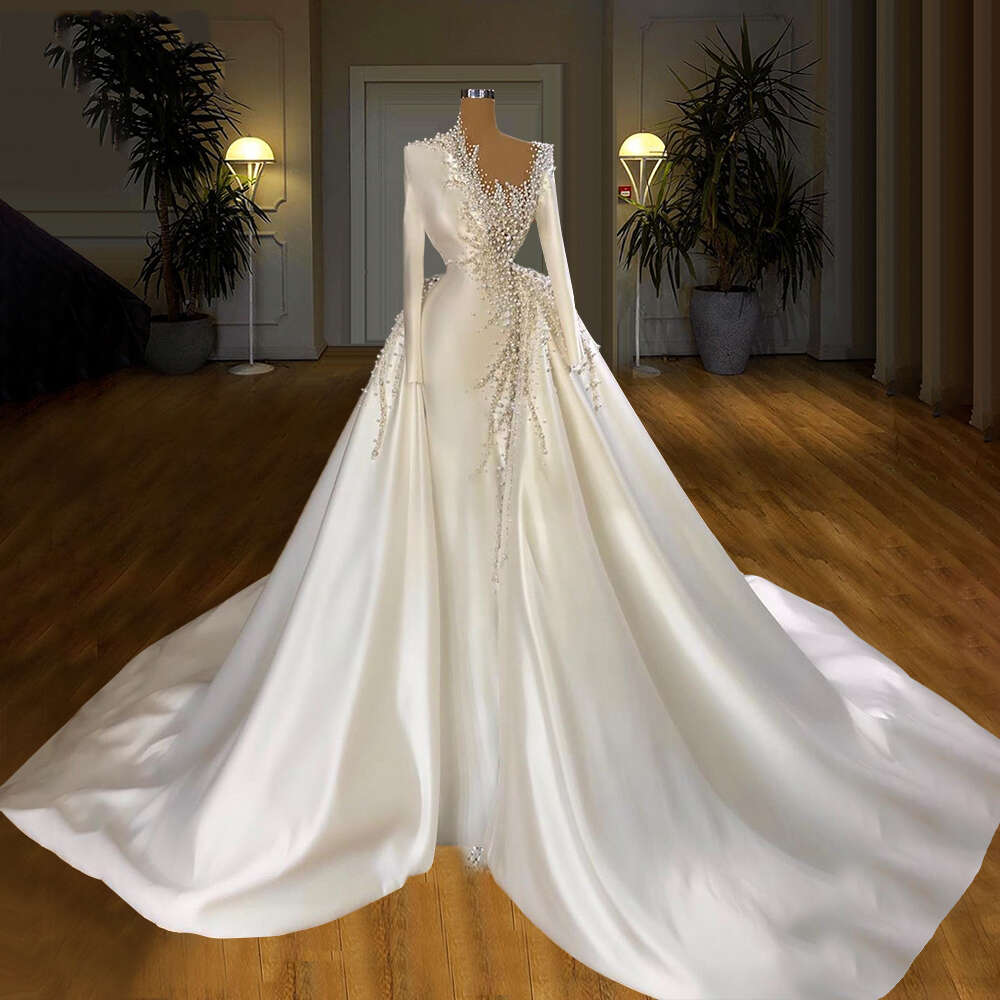 Beaded Satin Pearls Dresses With Detachable Skirt Long Sleeves Beading Bridal Wedding Gowns
