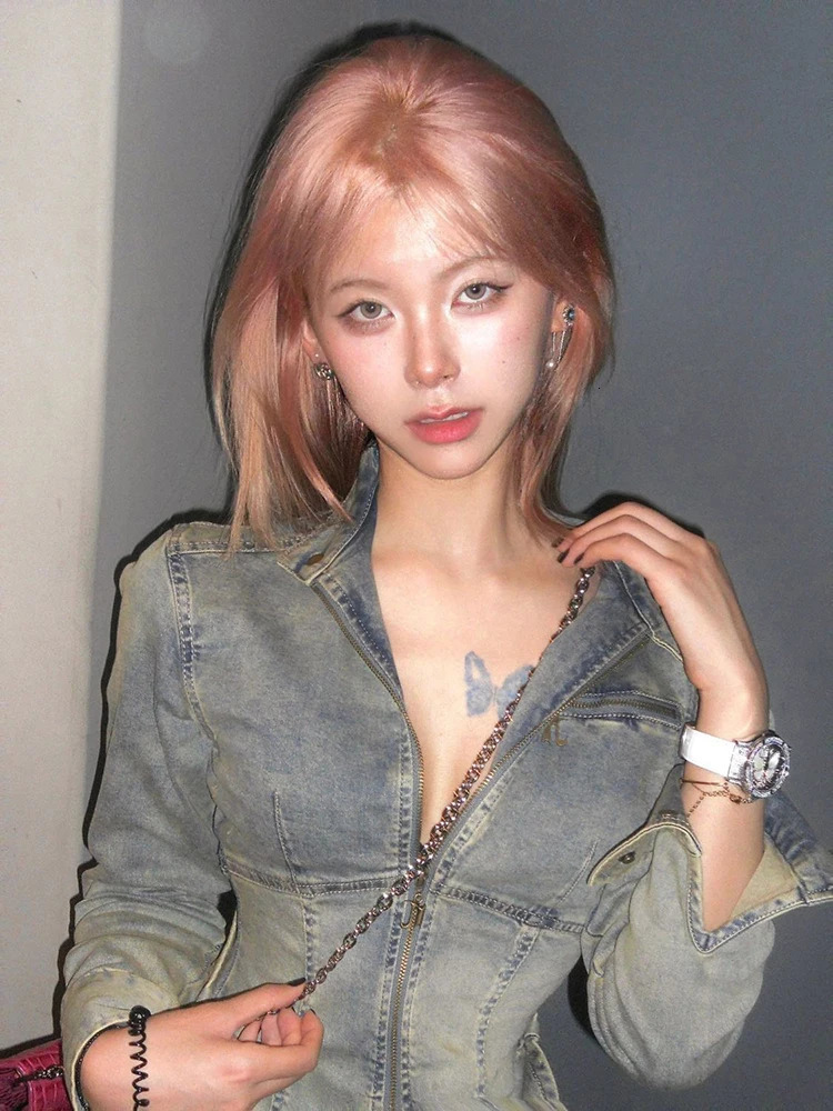 Y2k Fashion Korea Grunge Washed Denim Woman Long Sleeve Short Jacket Slimming Zipper Streetwear 90s Autumn Winter Top Outerwears 240530