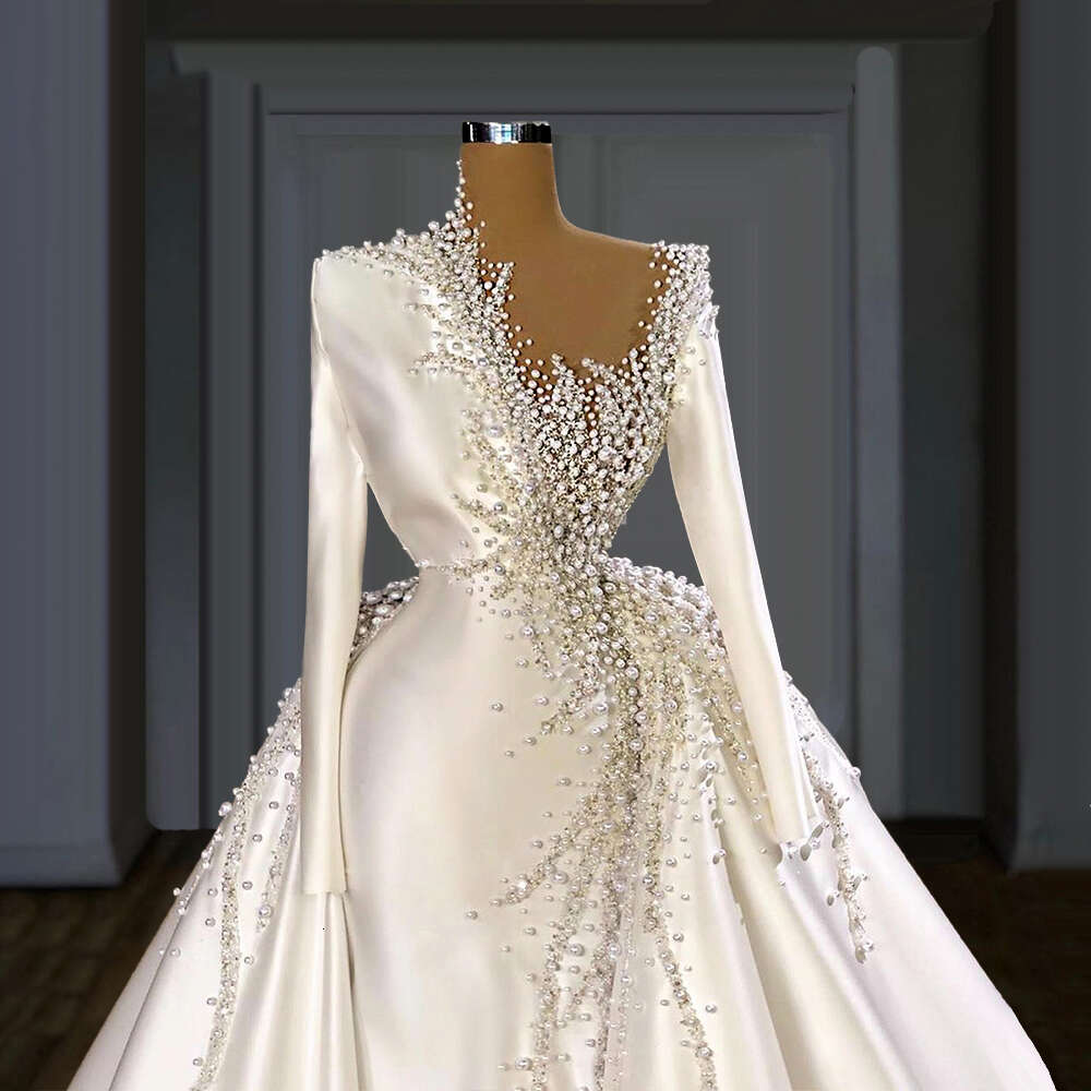 Beaded Satin Pearls Dresses With Detachable Skirt Long Sleeves Beading Bridal Wedding Gowns