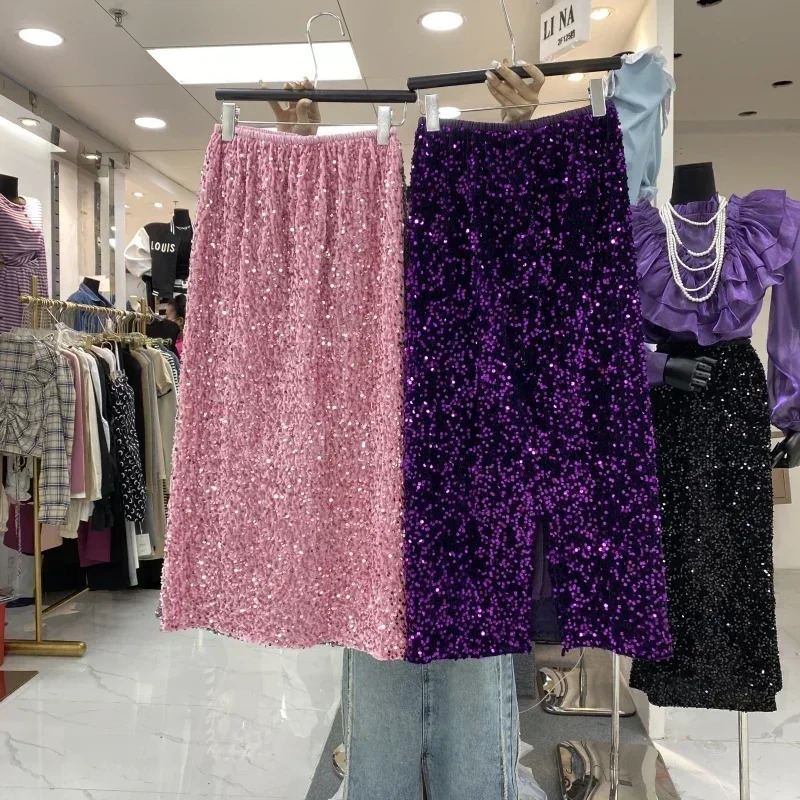 Spring A-line Skirts French Chic Elegant Elastic High Waist Glitter Sequins Spliced Sexy Midiskirt Casual Femme Skirt Dropship 240529
