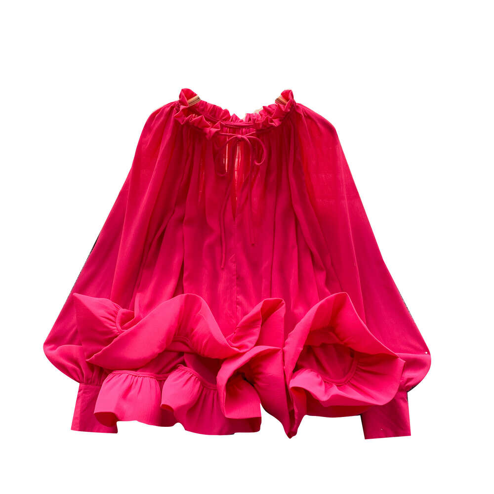 French haute couture temperament lantern long sleeved lace up loose ruffle hem shirt for womens fashionable and unique niche top