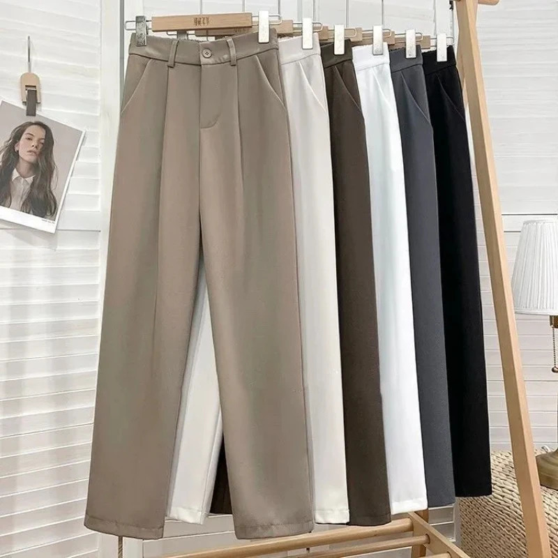 Fashion Elastic High Waist Pants Women Spring Casual Loose Solid Straight Trouser Office Ladies Work Nine Points Suit Pant 240513