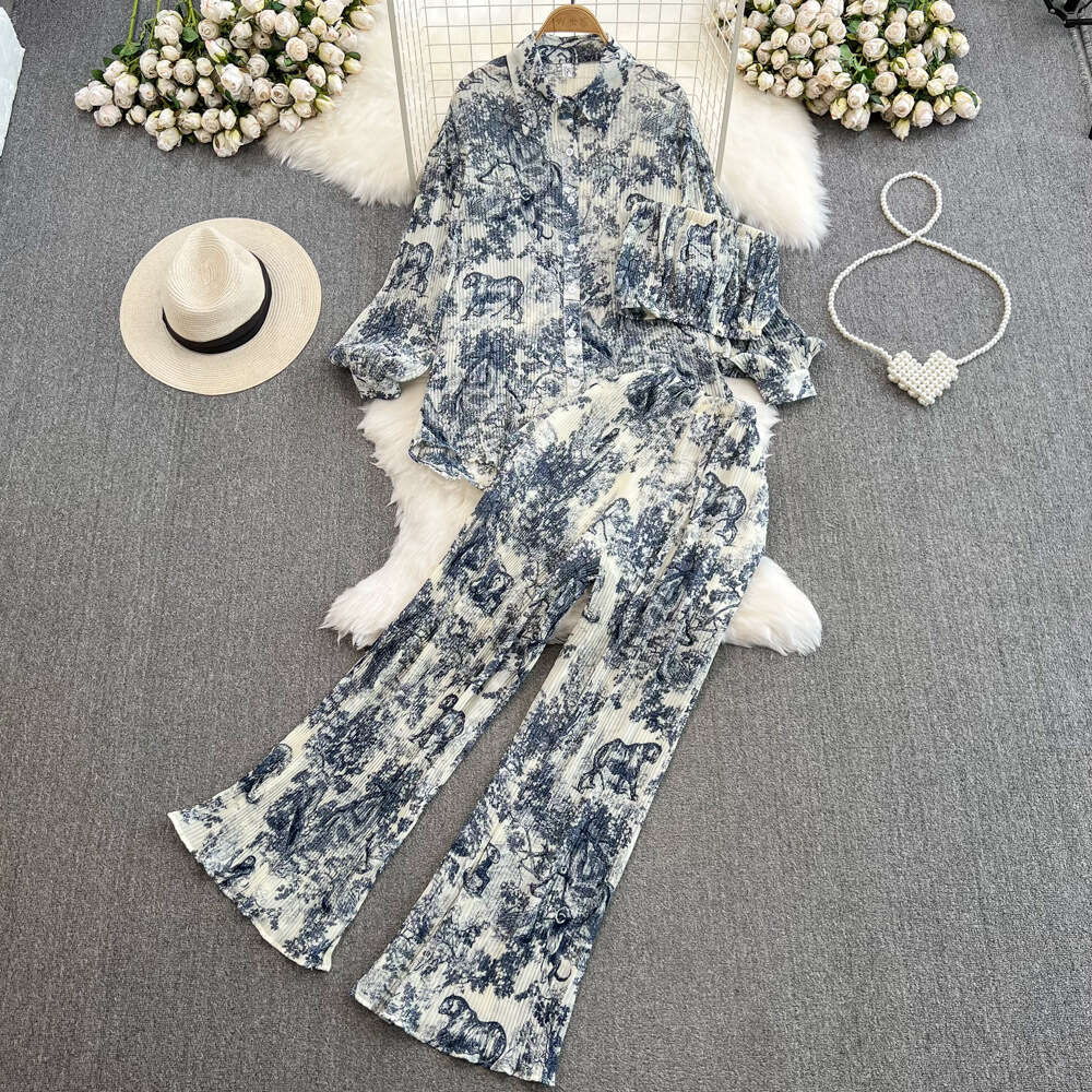Fashion Set Womens Three House Pleated Loose Ink Painting Printed Shirt Strapless Vest Three Piece High Waisted Wide Leg Casual Pants
