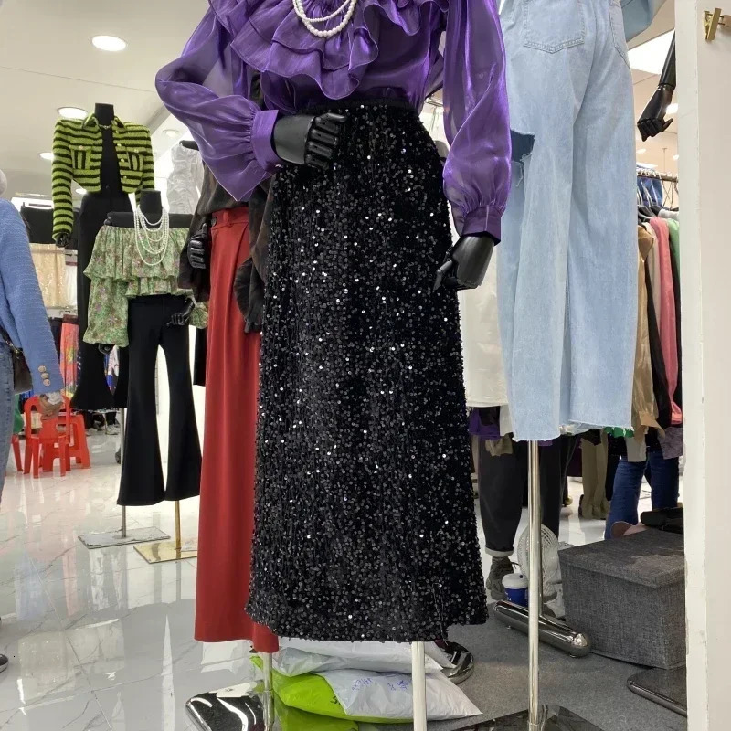 Spring A-line Skirts French Chic Elegant Elastic High Waist Glitter Sequins Spliced Sexy Midiskirt Casual Femme Skirt Dropship 240529