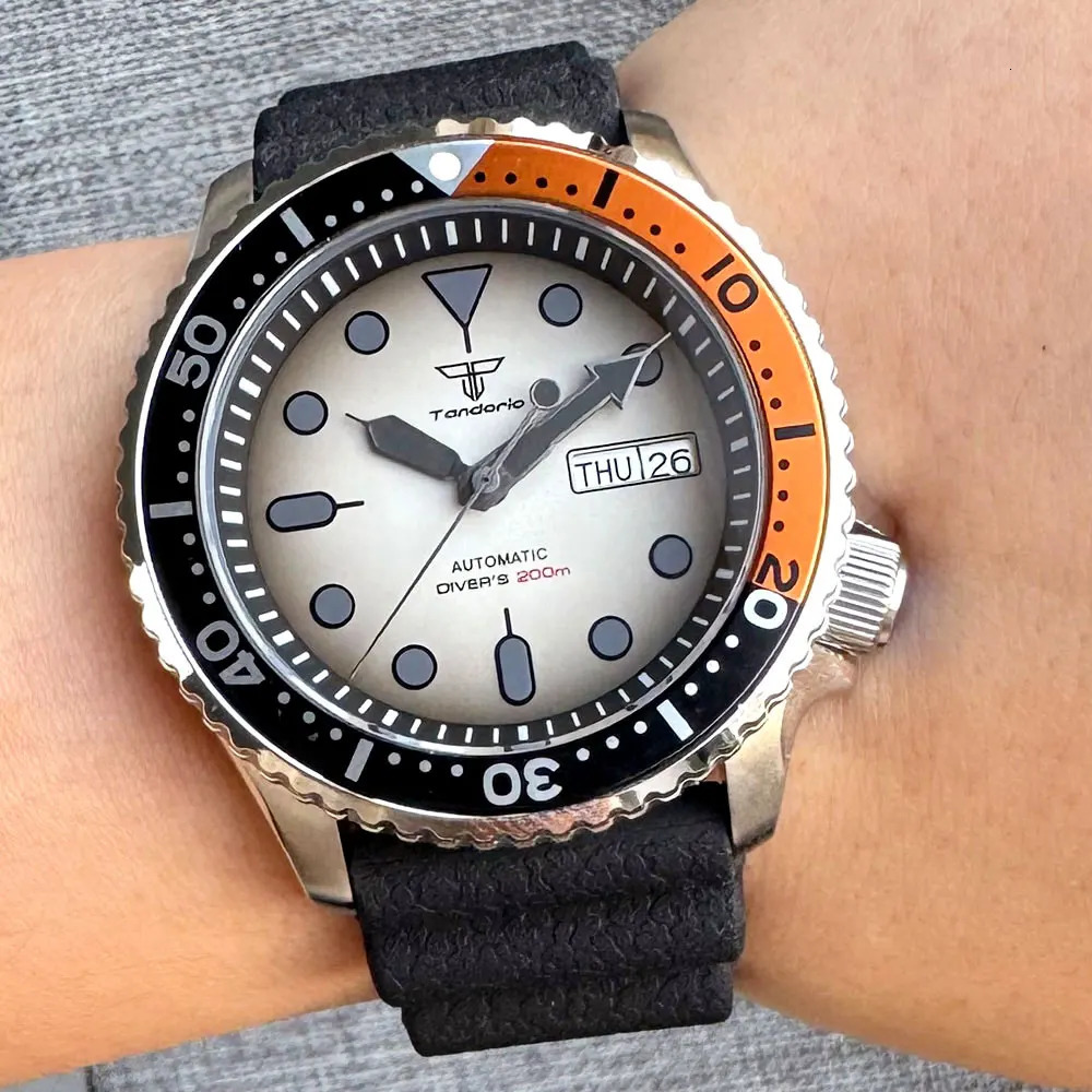 20bar Waterproof Tandorio SKX Mod S NH36 Steel Mechanical Watch Mens 120 Click Ring Chapter Ring 3.8 Crown Clock Black Index 240529