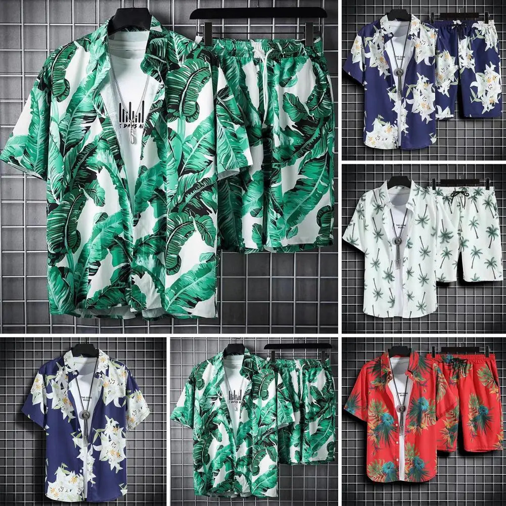 2Pcs/Set Men Shirt Shorts Set Hawaiian Style Lapel Short Sleeve Outfit Single Breasted Elastic Drawstring Waist Pockets Clothes 240518