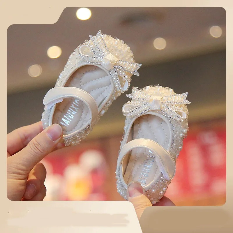 First Walker Baby Shoes Girl Bowknot Single Pearl Birthday Present Princess Little Kids Wedding 240530