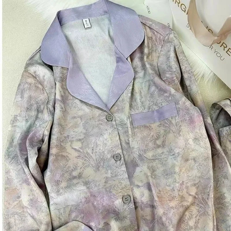 Flowers Twill Print Classy Womens Pajamas Spring Autumn Two-piece Sets Long Female Lounges Simulated Silk 2024 Y2k Homewear 240530