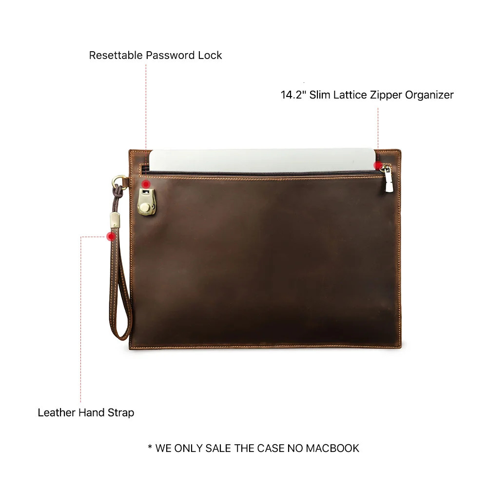 Genuine Leather Laptop Sleeve Case for MacBook Air 13 M2 M3 Macbook Pro 13 14 Notebook Carrying Cover Bag With Password Lock 240528