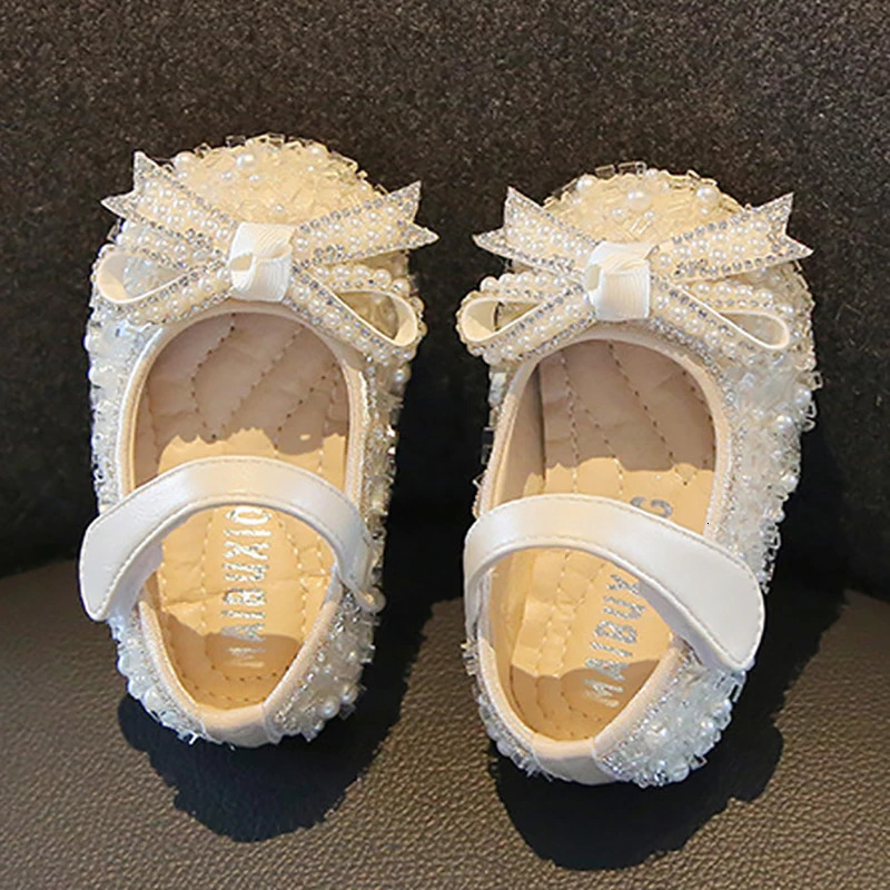 First Walker Baby Shoes Girl Bowknot Single Pearl Birthday Present Princess Little Kids Wedding 240530