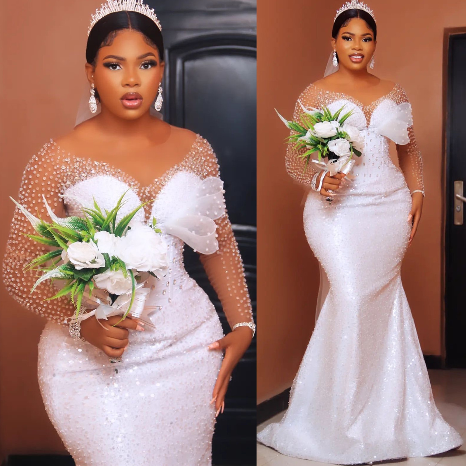 Arabic Aso Ebi Plus Size White Mermaid Wedding Dress Beaded Crystals Sequined Urious Bridal Gowns Dresses Zj204 Es 6660311