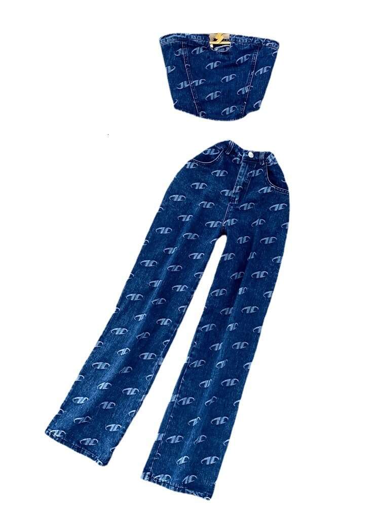 Fashion Set Womens American Style Bra Denim Tank Top Two Piece Casual High Waist Slim Straight Leg Pants