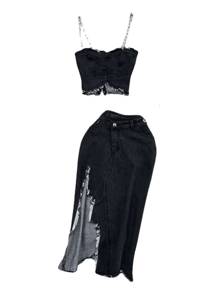 Fashionable set for womens spicy girls denim chain suspender strapless vest two-piece set high waisted tassel split skirt summer