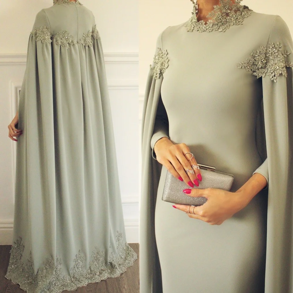 Arabic High Neck Satin Women Muslim Evening Dresses Prom Lace Beaded Elegant Long Sleeve Formal Evening Gown