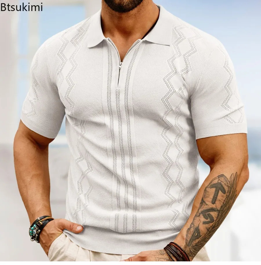Summer Mens Shortsleeved Knitted Polo Shirt Vintage Jacquard Men Business Casual Breathable All Match Tops for 240529