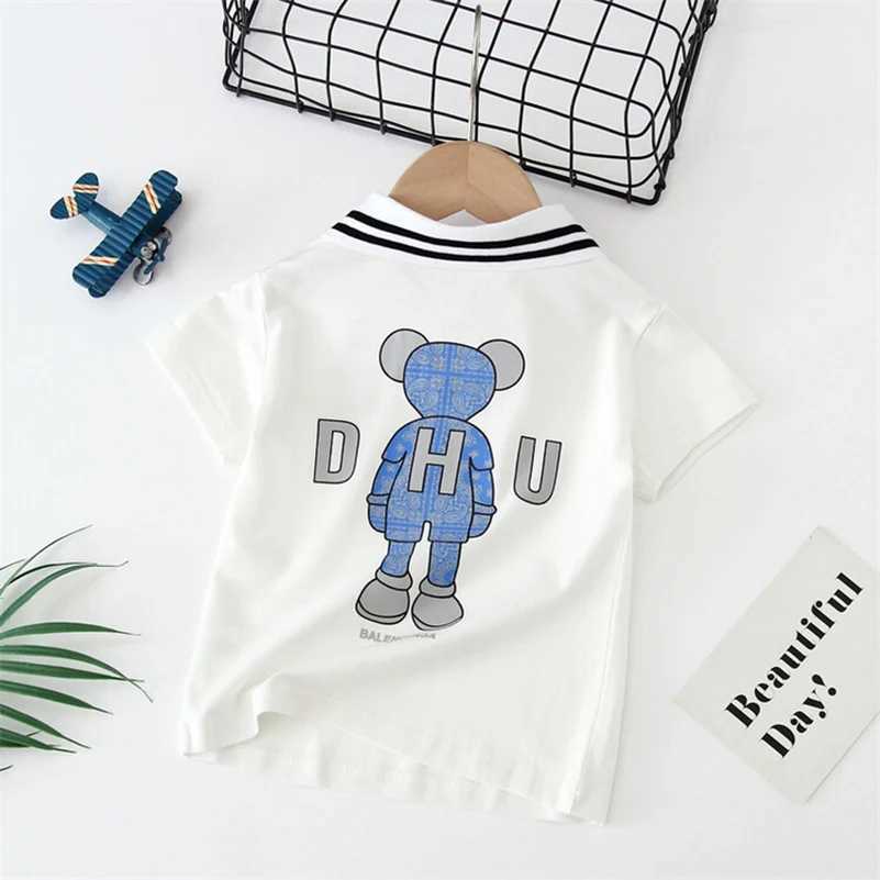Polos Polos Summer Boys 2024 Korean Fashion Casual Sweatshirt Absorbing Print Back Bear/Polo Shirt/2-7 Years Old WX5.29