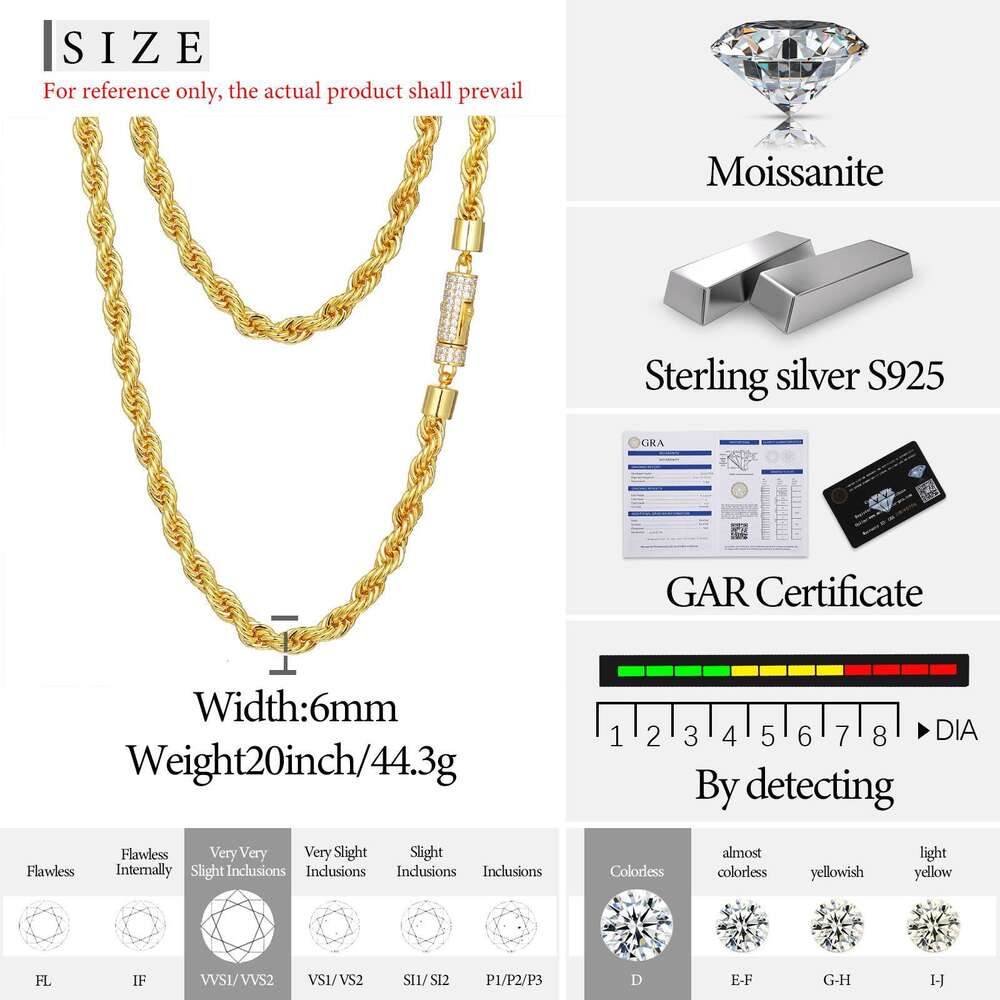 6mm 12mm Luxury 14K 18K Gold Plated Solid 925 Sterling Silver VVS Moissanite Diamond Iced Out Lock Rope Chain Necklace For Men